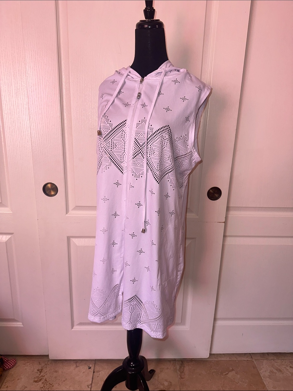MARINA BLU Sleeveless White Hooded Perforated ZIP FRONT SWIM COVER UP Dress